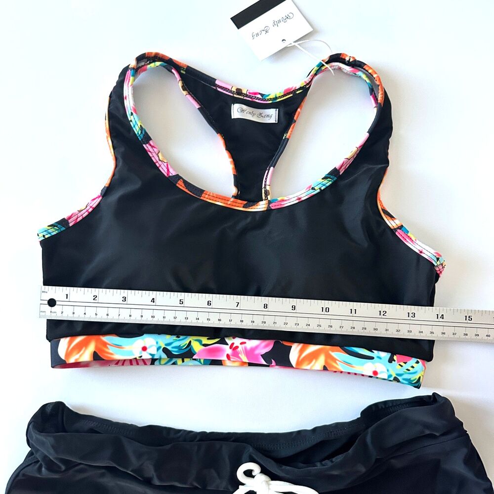 black tankini swimsuit set racerback top high waisted shorts s/m sporty color - Picture 5 of 6